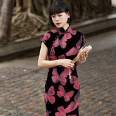 修身 中式 旗袍日常可穿盘扣婚礼妈妈礼服 三重门烂花绒夏季 粉蝴蝶