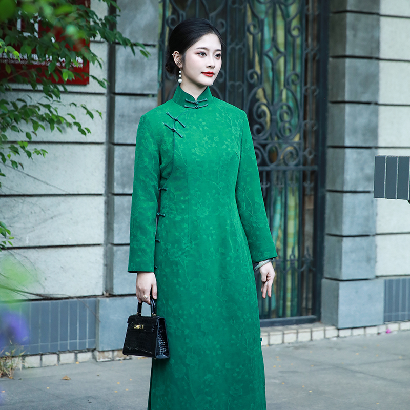 听竹三重门秋冬40姆米绢纺香云纱中式修身旗袍长款日常夹棉保暖女