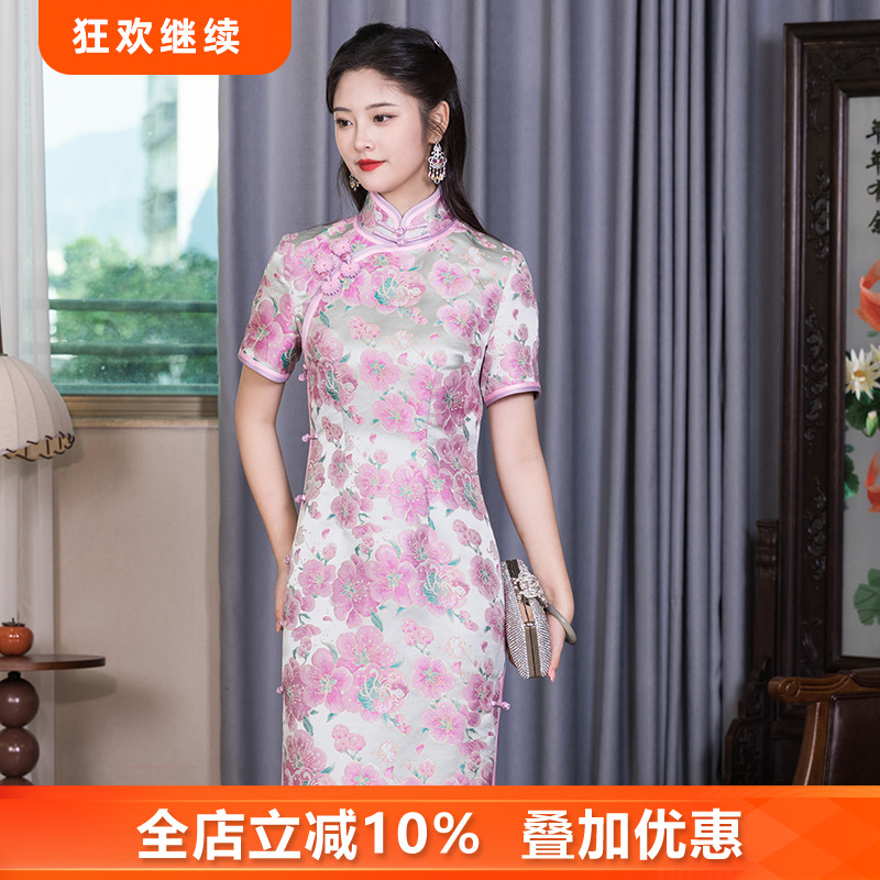 三重门复古日常长款修身旗袍中式