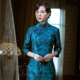 三重门{蓝色时分}花罗真丝旗袍长款 优雅中国风高贵桑蚕丝女连衣裙