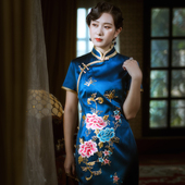 三重门{知己}30姆米手工苏绣真丝旗袍中国风长款 女优雅刺绣礼服