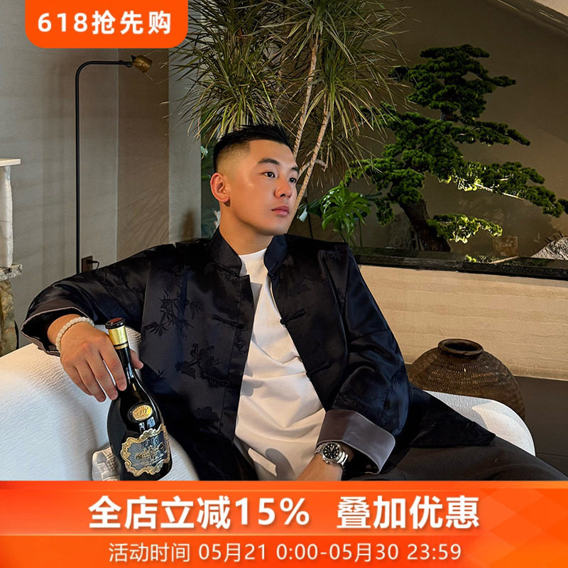 潮汐深蓝三重门提花醋酸唐装中国风高端夹克国风男士秋冬结婚日常