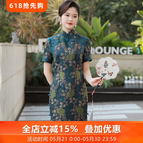 三重门复古日常长款修身旗袍中式