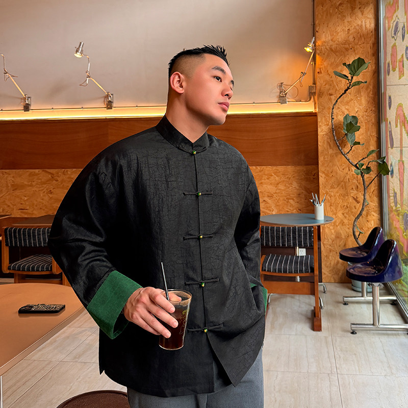 青影三重门中式国风男装香云纱龟裂桑蚕丝2026正流行唐装黑色外套,男装,唐装,淘宝优惠券,粉丝福利购,淘宝优惠卷