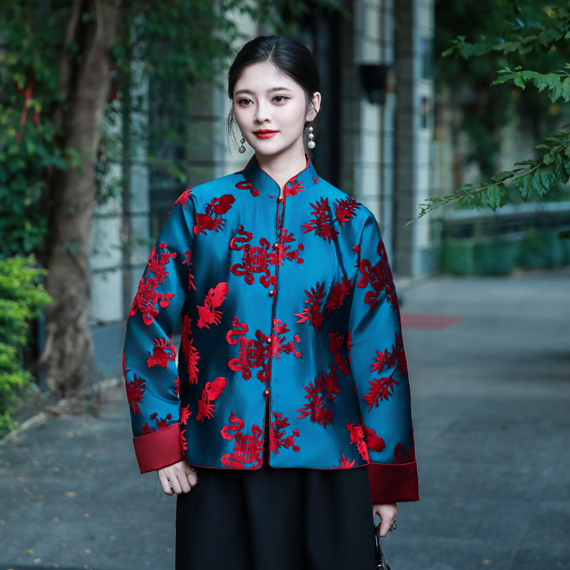 红叶蓝曲三重门40姆米真丝漳绒缎中式唐装外套百搭日常夹棉保暖女