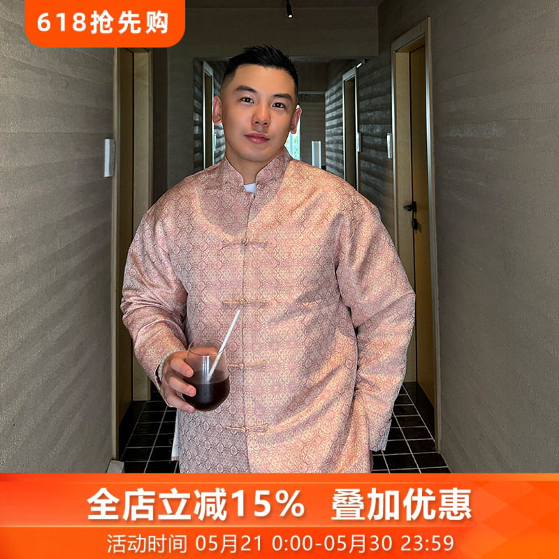 定胜粉三重门高端织金真丝宋锦休闲西装领盘扣唐装外套上衣原创男