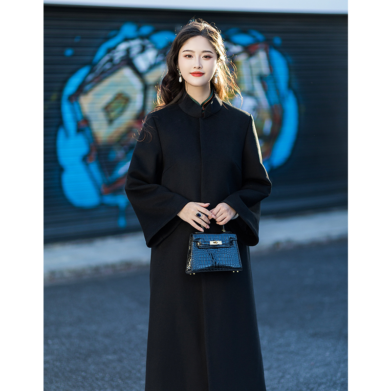 三重门羊毛毛呢长款中式立领外套