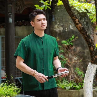 桑蚕丝中式 国风复古日常上衣男 龟裂纹香云纱衬衫 浮远绿三重门夏季