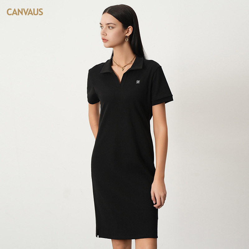 夏季黑色连衣裙女新款棉质套头绣花polo领短袖开叉中腰裙鑫淼服饰