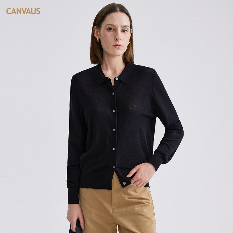canvaus女装绵羊毛针织衫开衫女秋冬季新款翻领软糯亲肤宽松型