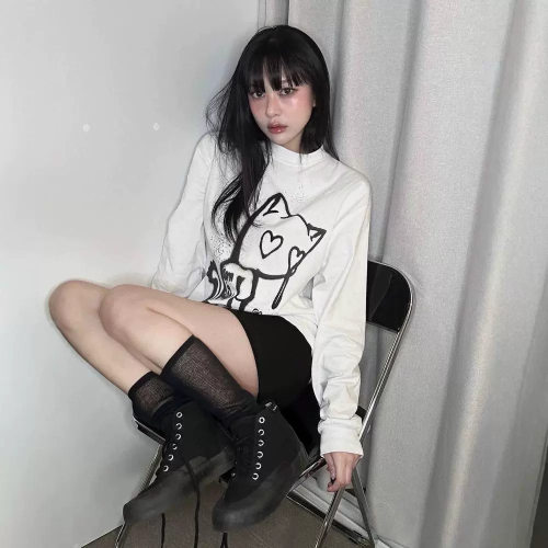 韩国罗渽民钟辰乐同款ITZAVIBE搞怪猫咪印花长袖打底T恤男女卫衣