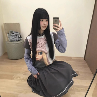 韩国小众coyseio新款 T恤女上衣 卡通小布娃娃联名假两件条纹长袖