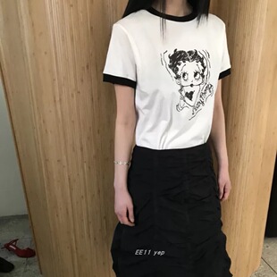 甜妹手绘风贝蒂头像短袖 T恤撞色拼接上衣 are美式 韩国设计师we