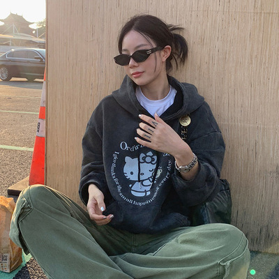 jennie同款24秋冬美式复古做旧Kitty凯蒂猫宽松加绒连帽卫衣外套