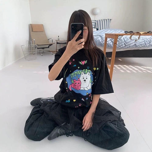 韩国小众设计师itzavibe原宿减龄天使猫咪小狗印花短袖T恤女夏