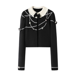 拉家菲姆同款外套蝴蝶结娃娃领绣花小香风针织开衫2025秋冬毛衣女