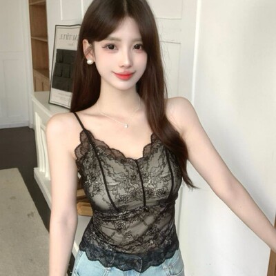 20592新款黑色蕾丝吊带背心女带胸垫性感夏季外穿内搭打底上衣