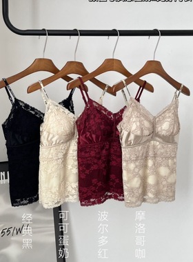 秋冬8526法式纯欲蕾丝拼接磨毛背心英文吊带女外穿秋冬带胸垫美背