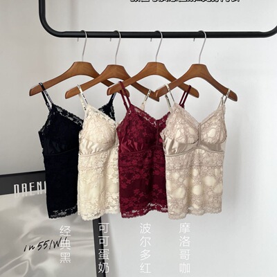 秋冬8526法式纯欲蕾丝拼接磨毛背心英文吊带女外穿秋冬带胸垫美背