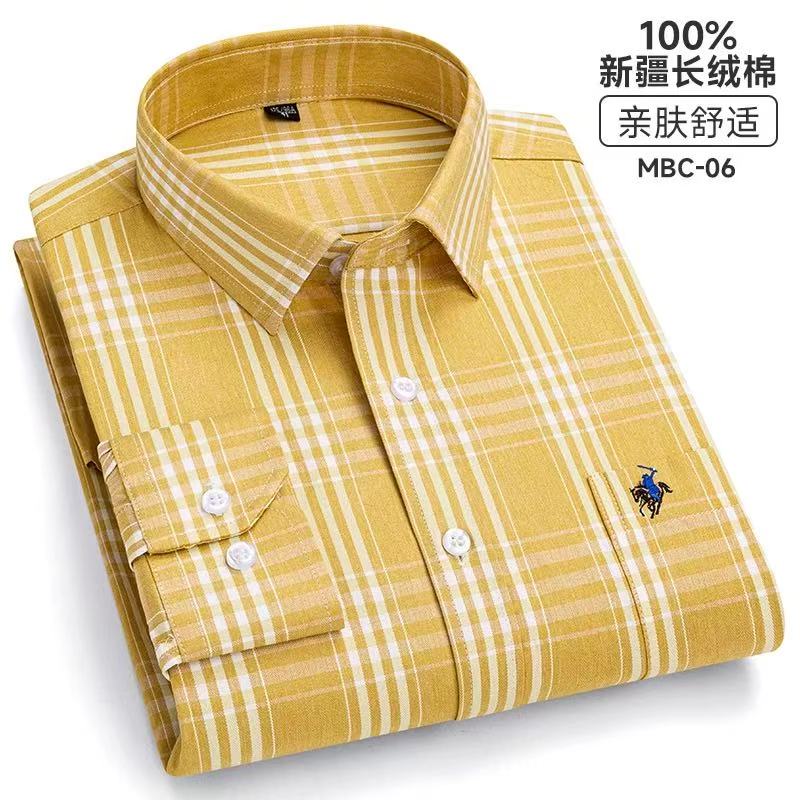 100%纯棉格子长袖衬衫男士中青年休闲衬衣修身口袋绣标加肥加大码