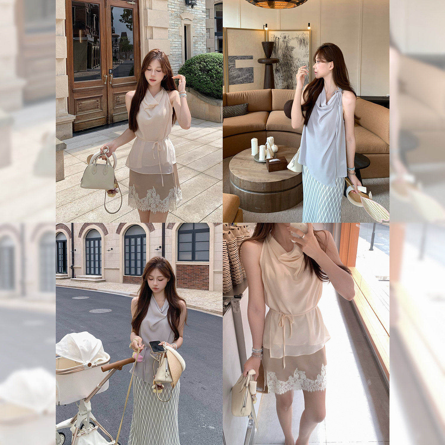 许许然Madeleine【淡人度假】高级感UP! 双层荡领 仿真丝挂脖上衣