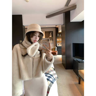 许许然Madeleine【灰雾雪山】仿貂绒皮毛一体环保皮草外套 带围巾