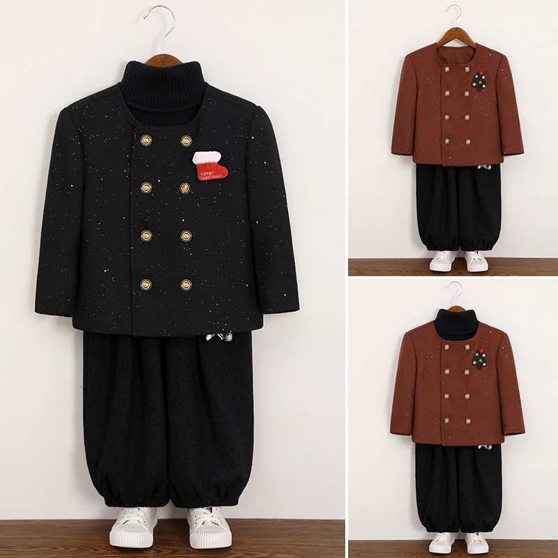 男童复古西装套装秋冬款双排扣外套圣诞胸饰洋气男孩生日宴会礼服图片