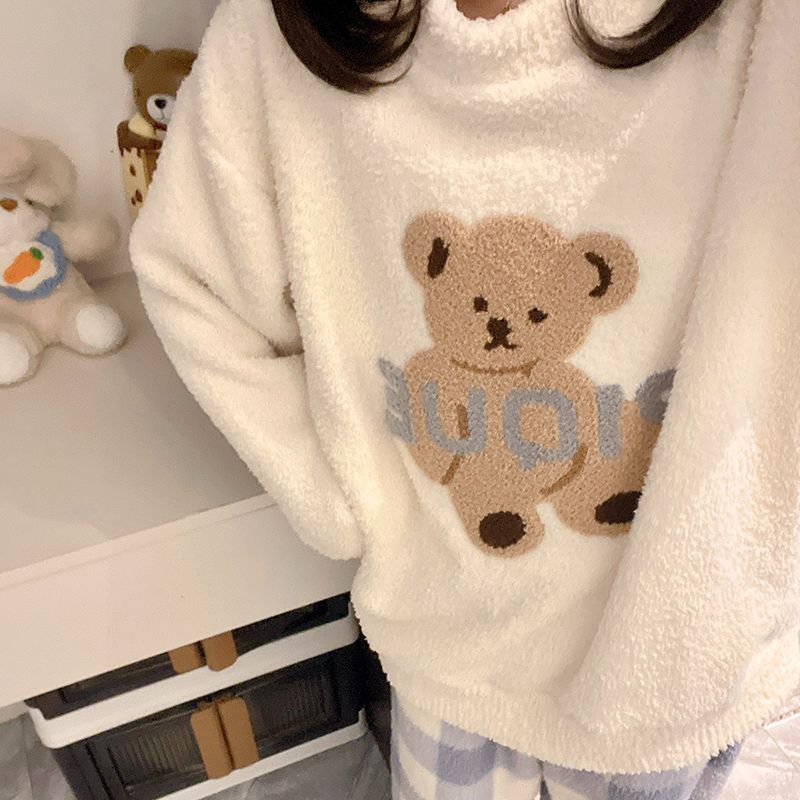 冬季半边绒睡衣女韩版卡通可爱小熊加绒加厚少女可外穿家居服套装