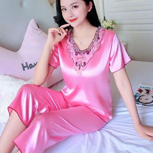 夏天家居服 睡衣女夏仿真冰丝薄款 短袖 五分裤 女士加大加肥两件套装