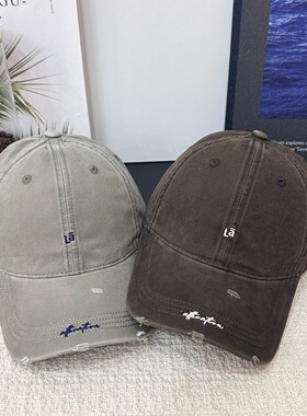 美式破洞水洗做旧牛仔棒球帽女复古百搭显脸小宽帽檐软顶鸭舌帽