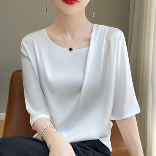 2026春夏季新款女士丝绸缎面布料五分袖圆领宽松T恤短款短袖上衣