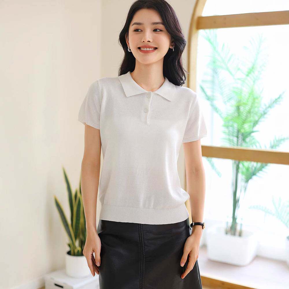 26夏季新款纯棉POPO领短袖女T恤纯色针织打底衫内搭修身显瘦上衣