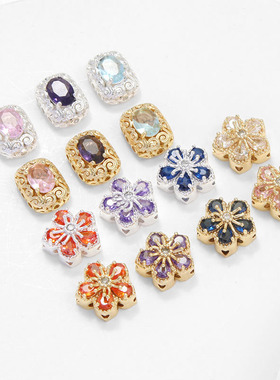 14K包金保色镶嵌大颗锆石镂空长方手链项链扁隔珠手工diy饰品配件