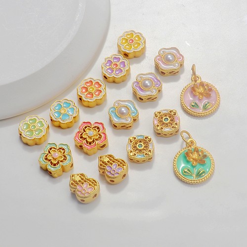 保色桃花如意18K哑金项链珐琅彩