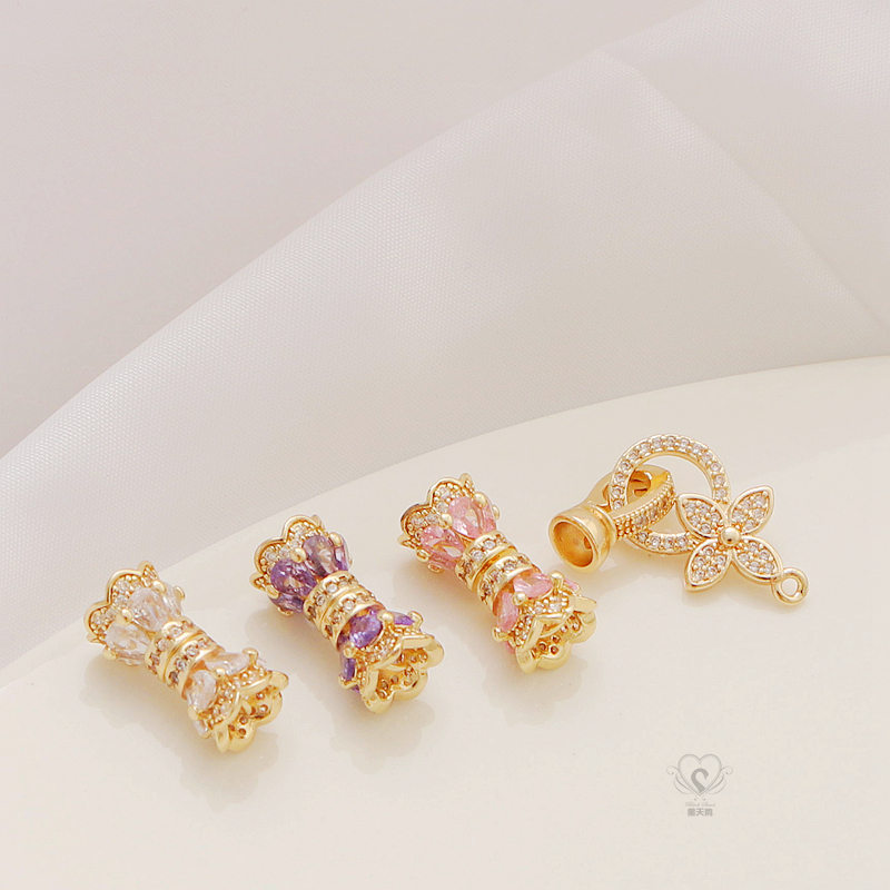 14K铜保色镶锆石螺丝腰鼓桶珠隔珠四叶圆扣头diy手链项链饰品配珠