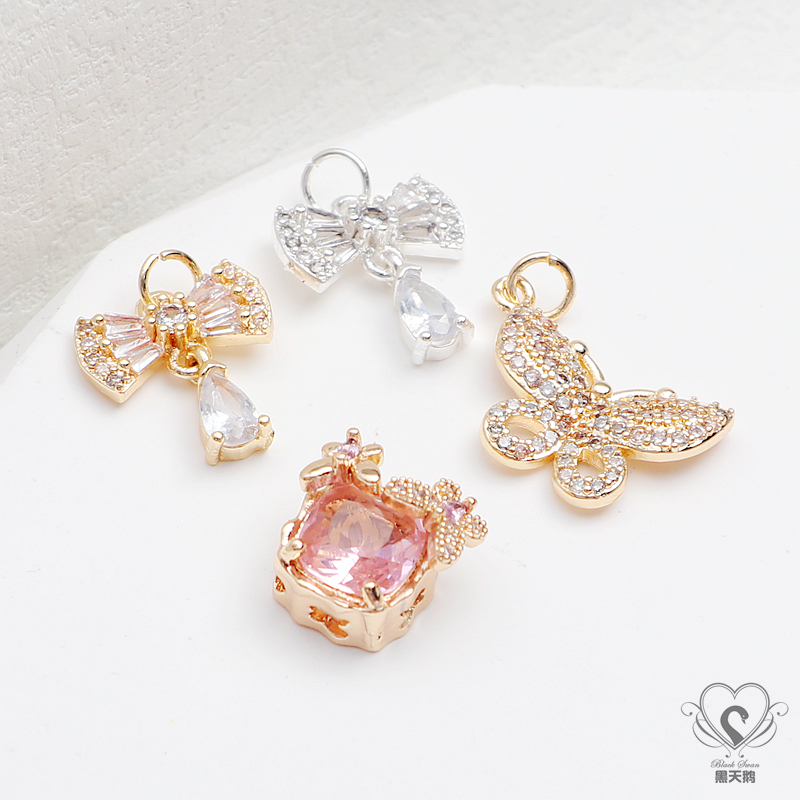 14k包金保色镶锆石方形蝴蝶水滴吊坠diy手工手链项链耳坠隔珠配件