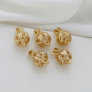 14k包金保色镂空球可打开吊坠香囊球吊坠放珠子diy饰品吊饰项链坠