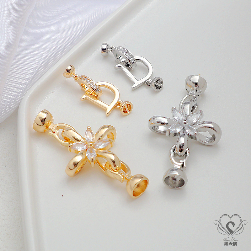 14K包金保色镶锆石四叶D字连接扣珍珠双头收尾扣头diy饰品配件