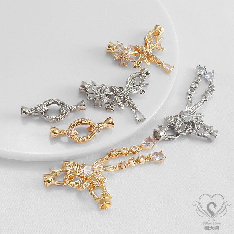 14K保色镶锆石蝴蝶领结项链手链珍珠双扣头链接项链diy饰品配件