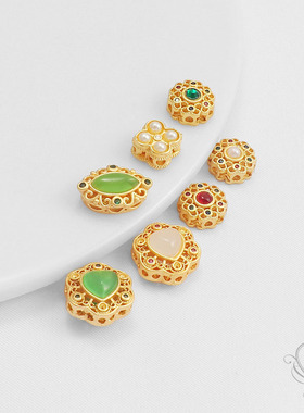 18K包金保色哑金镂空11mm镶锆石贝珠扁珠通孔diy隔珠手链项链配件