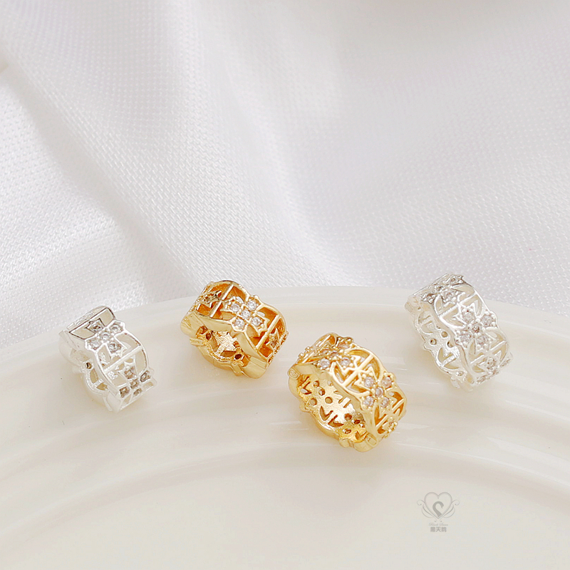 14K银色镶嵌锆石四叶隔珠桶珠镂空配珠diy手工饰品手链项链散珠