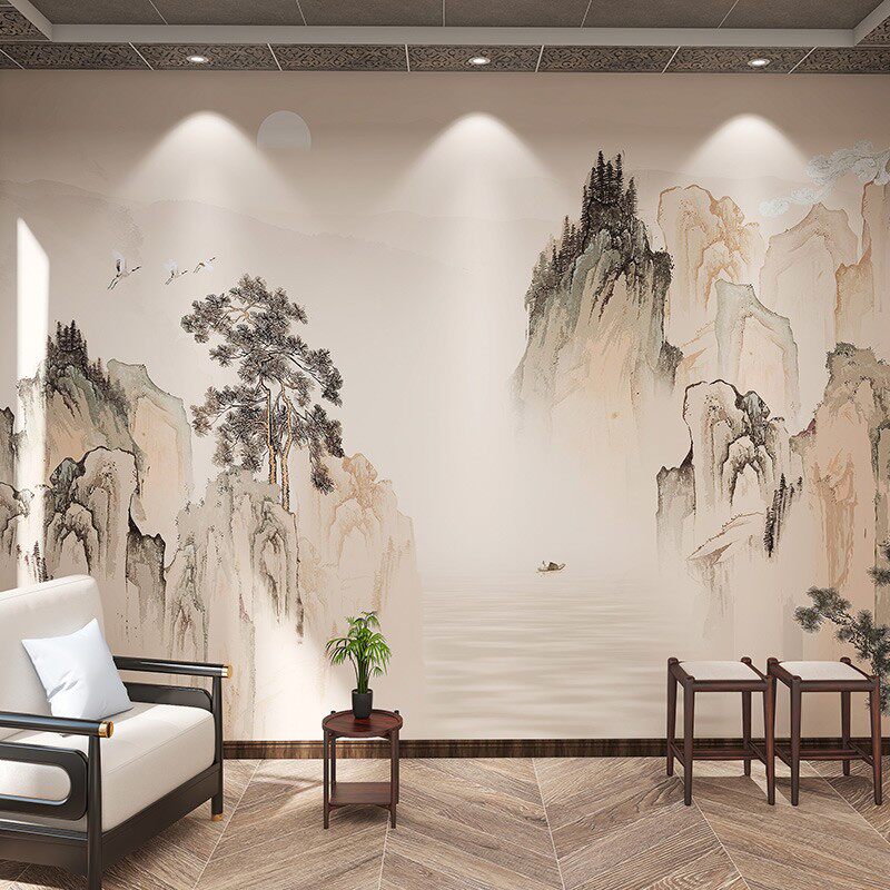 淡雅中式禅意水墨山画墙纸客厅别墅会所茶馆餐厅包厢壁纸沙发电i.