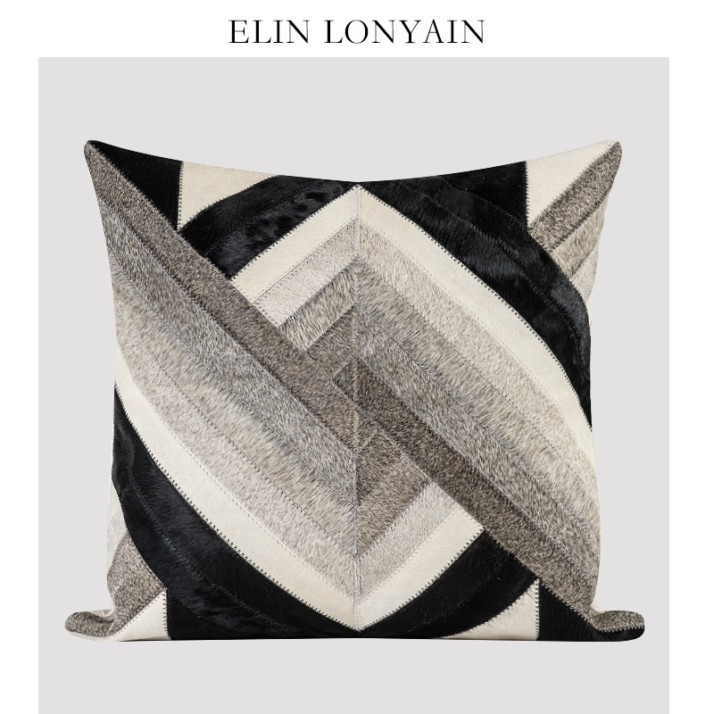 新品现代简约轻奢灰黑色真皮马毛拼接靠垫抱枕别墅样板房沙发方枕