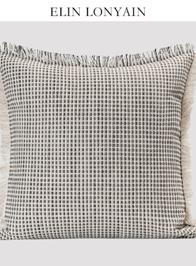 新品现代简约轻奢米灰色格子编织流苏靠垫抱枕别墅样板房方枕腰枕