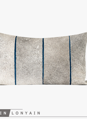 新品现代简约轻奢米灰色真皮蓝色绒布拼接靠垫抱枕别墅样板房腰枕