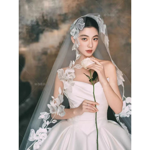 高级感蕾丝长款新娘头纱