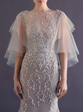 时尚双层软网白色蕾丝新娘婚纱礼服披肩外套摄影遮肉遮手臂女红色