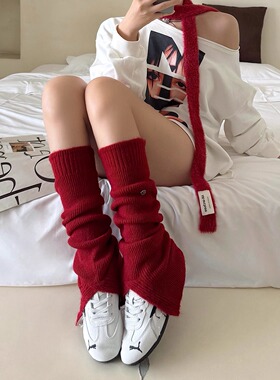 红色袜套女秋冬新款及膝堆堆袜前开叉针织小腿袜配连裤袜保暖腿套