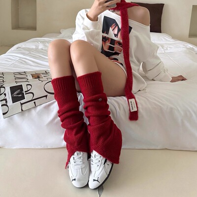 红色袜套女秋冬新款及膝堆堆袜前开叉针织小腿袜配连裤袜保暖腿套