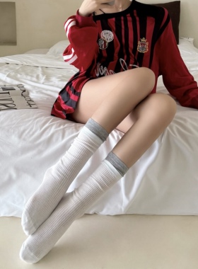 假两件撞色中筒袜子女夏季薄款堆堆袜美式复古ins潮双罗口小腿袜